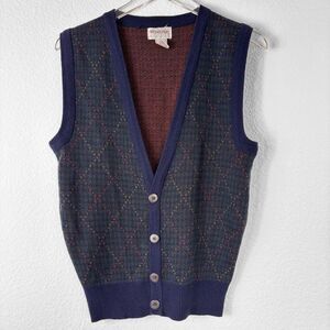 Vintage Mens Sweater Vest S Multicolor Argyle Button Front Academia Preppy 70s